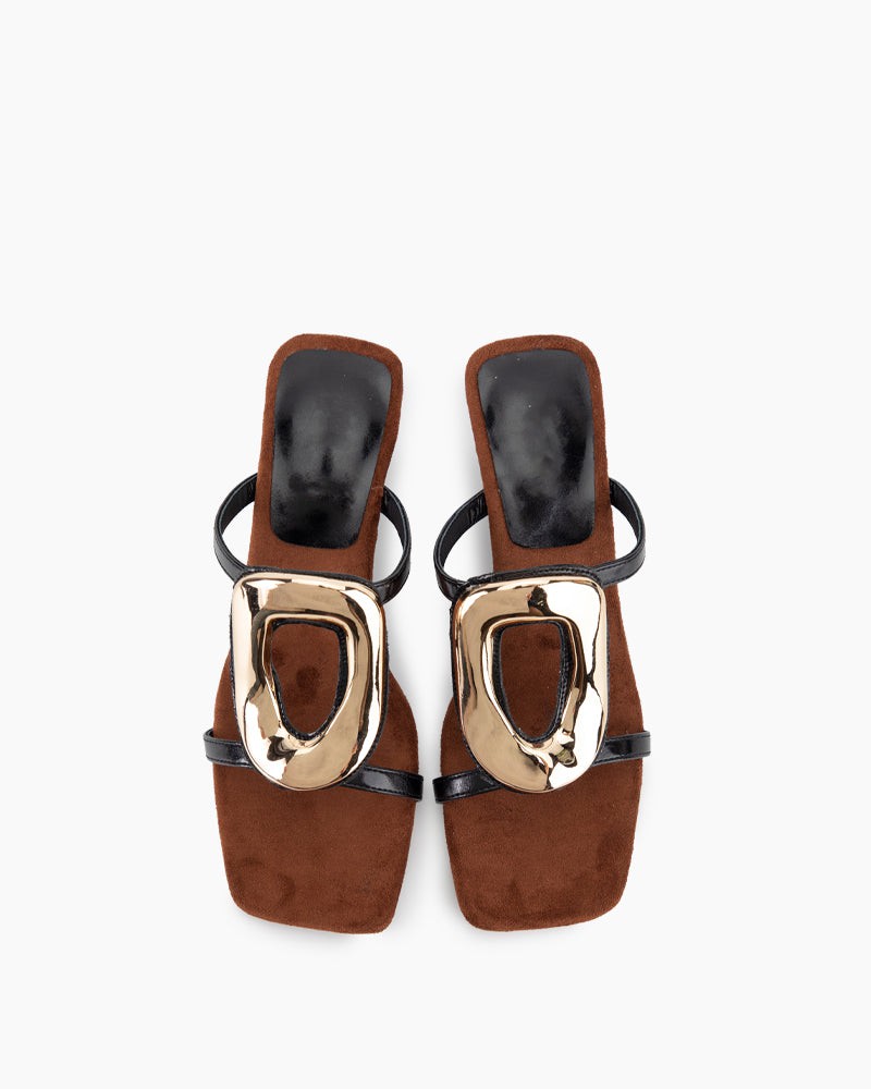 Metal Square Buckle Open Toe Heeled Sandals - Image 12