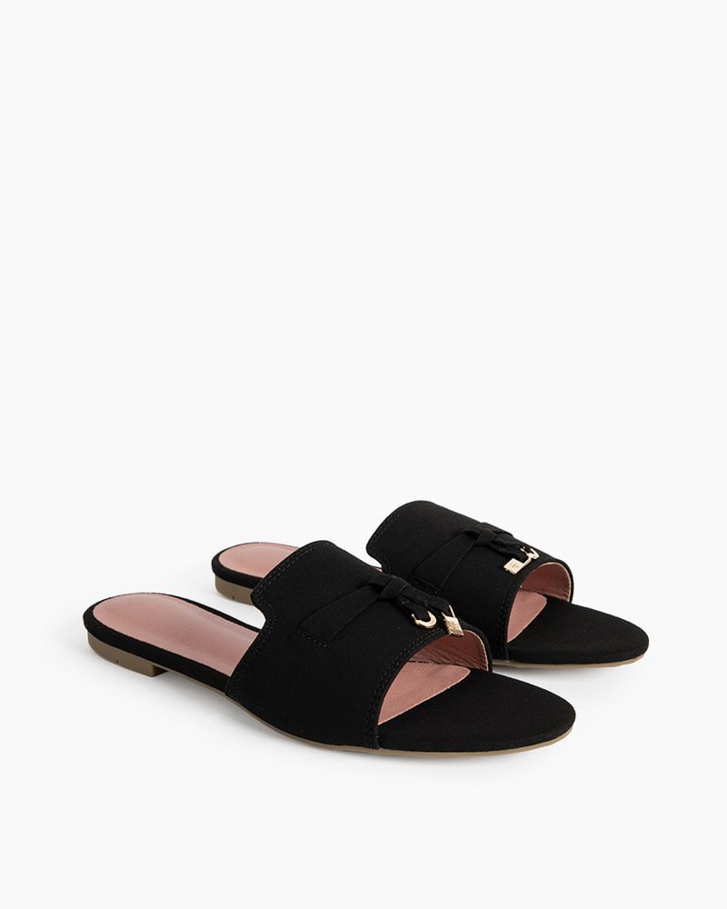 Suede Gold Charm Open Toe Slide Sandals - Image 8