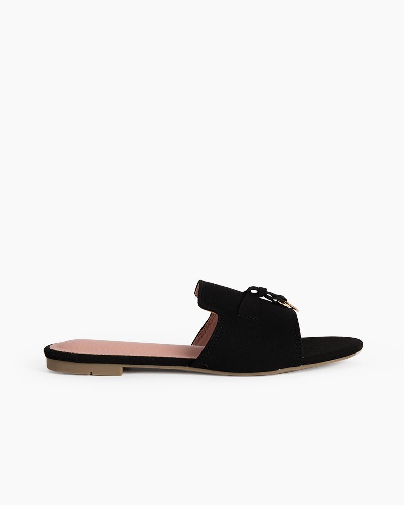 Suede Gold Charm Open Toe Slide Sandals - Image 7