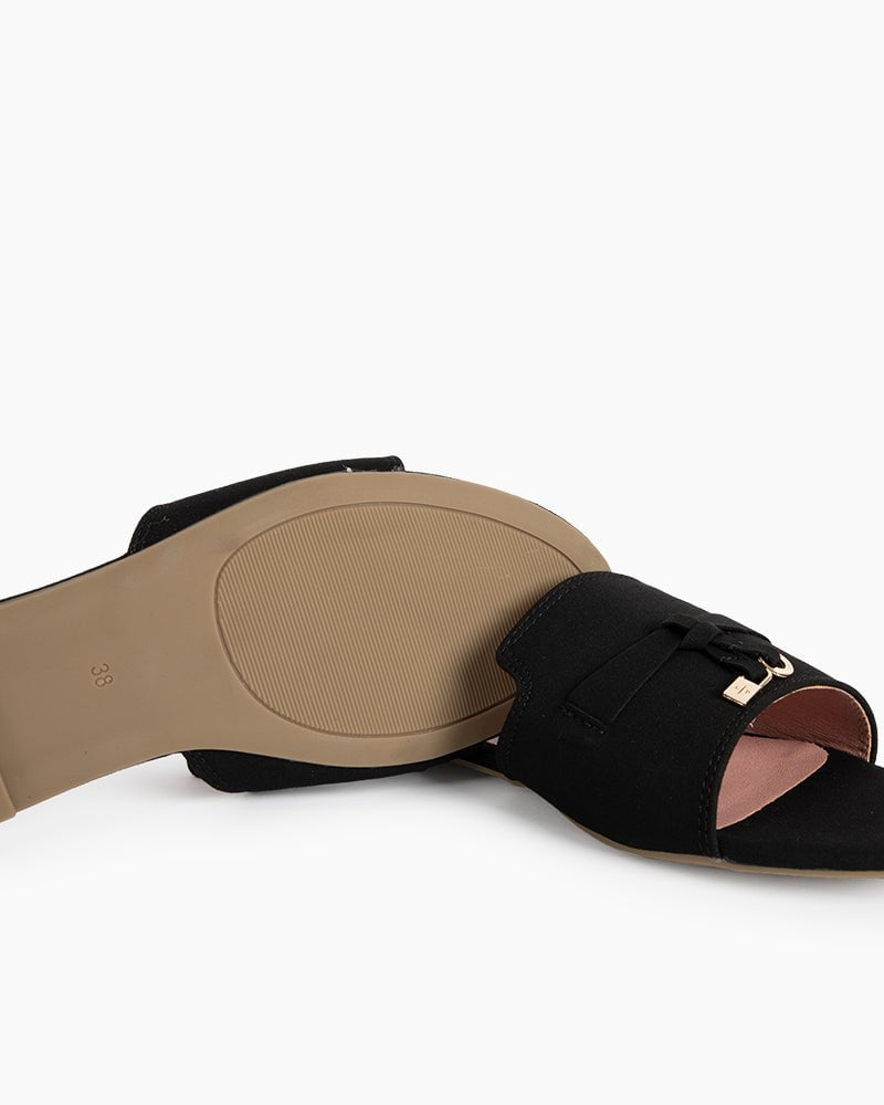 Suede Gold Charm Open Toe Slide Sandals - Image 10