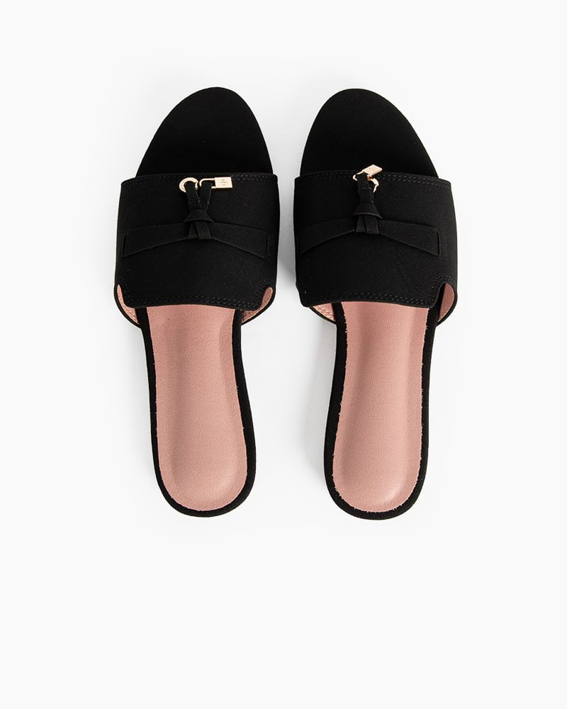 Suede Gold Charm Open Toe Slide Sandals - Image 11