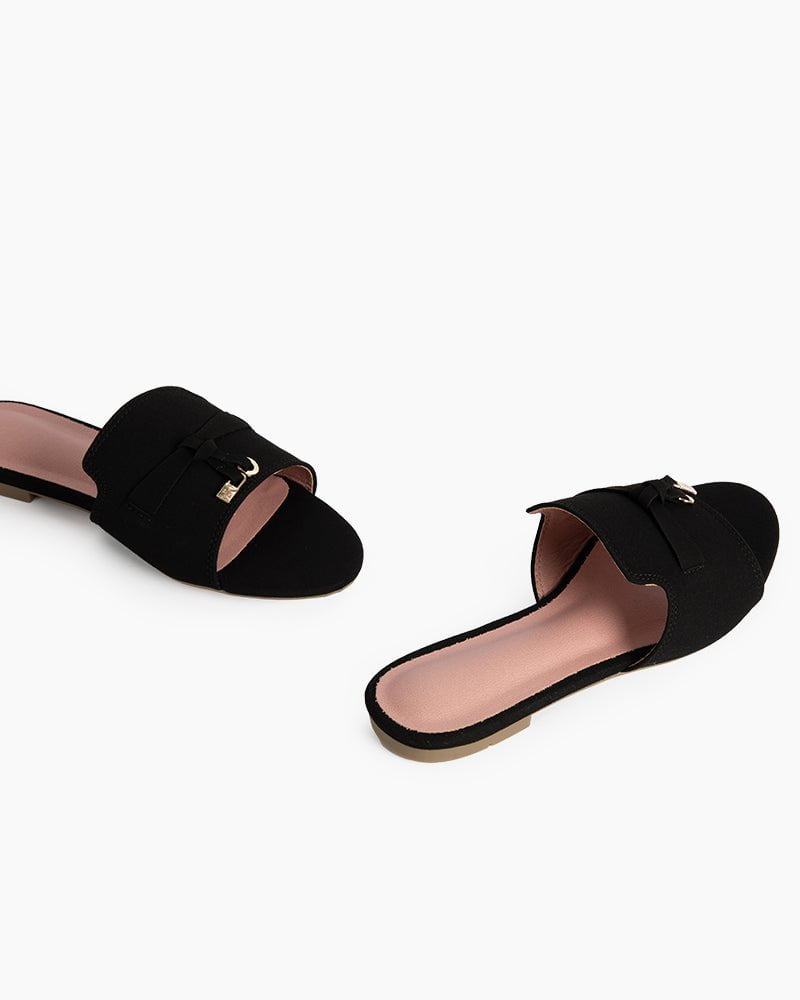 Suede Gold Charm Open Toe Slide Sandals - Image 12