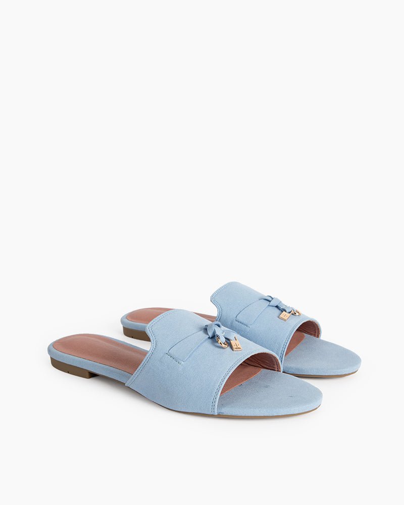 Suede Gold Charm Open Toe Slide Sandals - Image 14