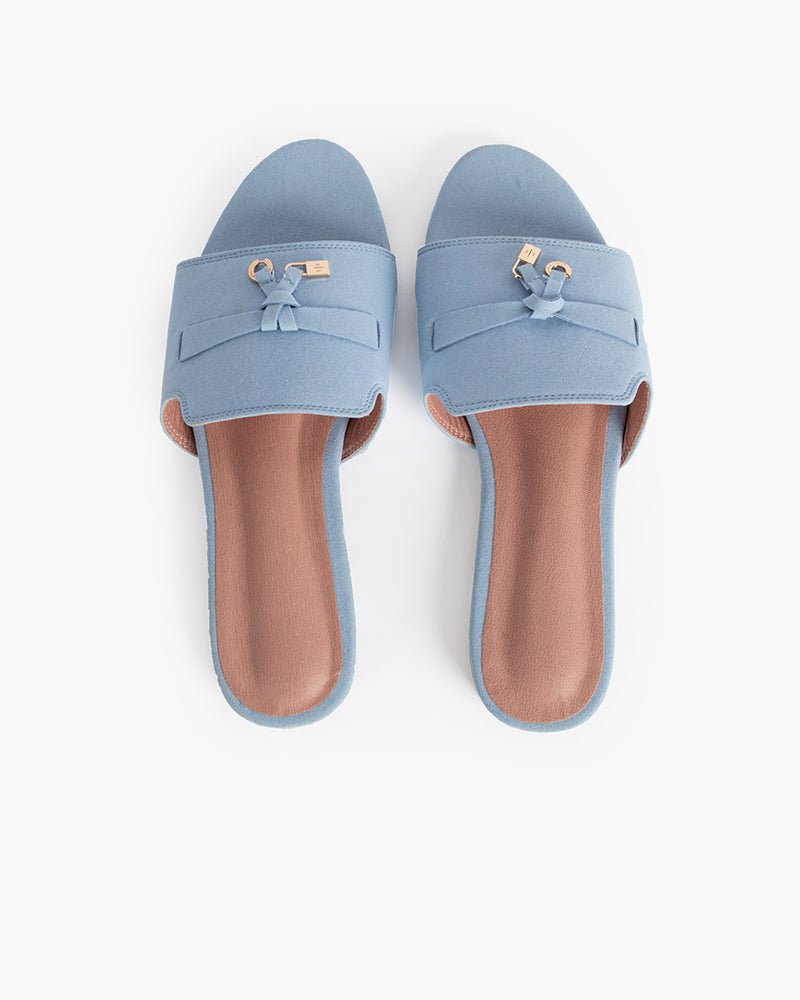 Suede Gold Charm Open Toe Slide Sandals - Image 17