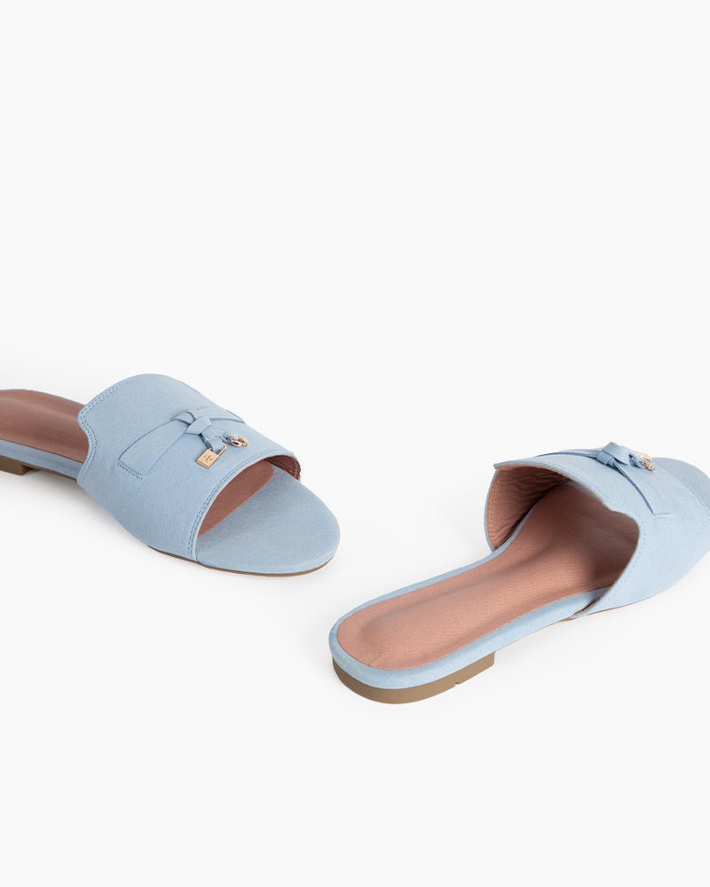 Suede Gold Charm Open Toe Slide Sandals - Image 18