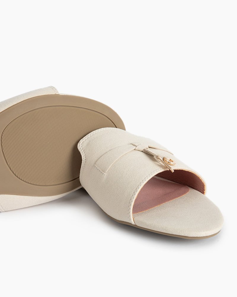 Suede Gold Charm Open Toe Slide Sandals - Image 28