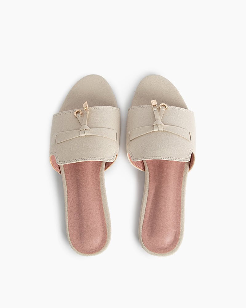 Suede Gold Charm Open Toe Slide Sandals - Image 29