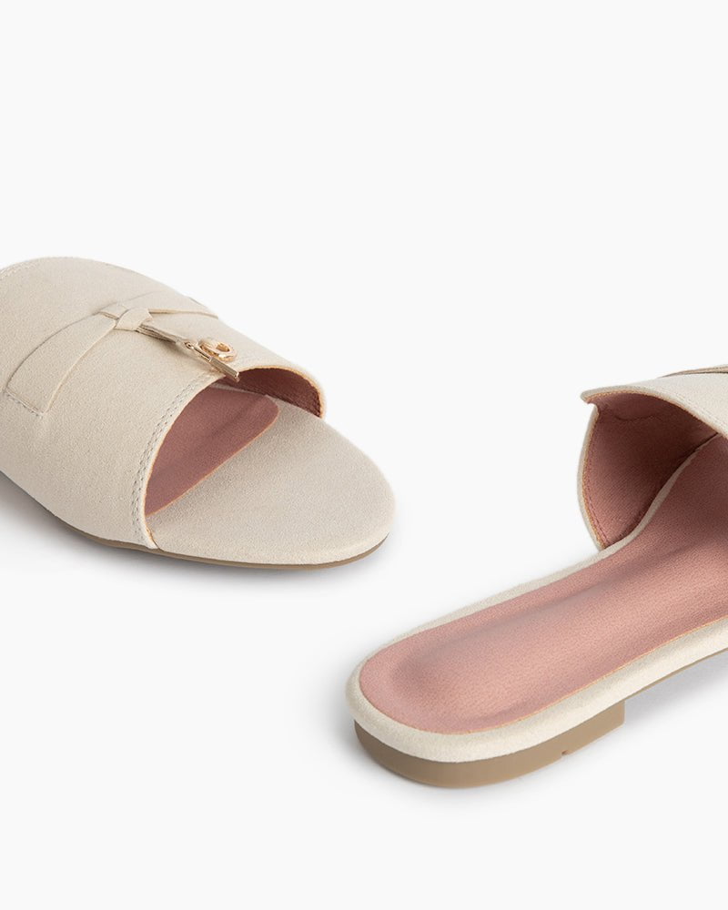 Suede Gold Charm Open Toe Slide Sandals - Image 30