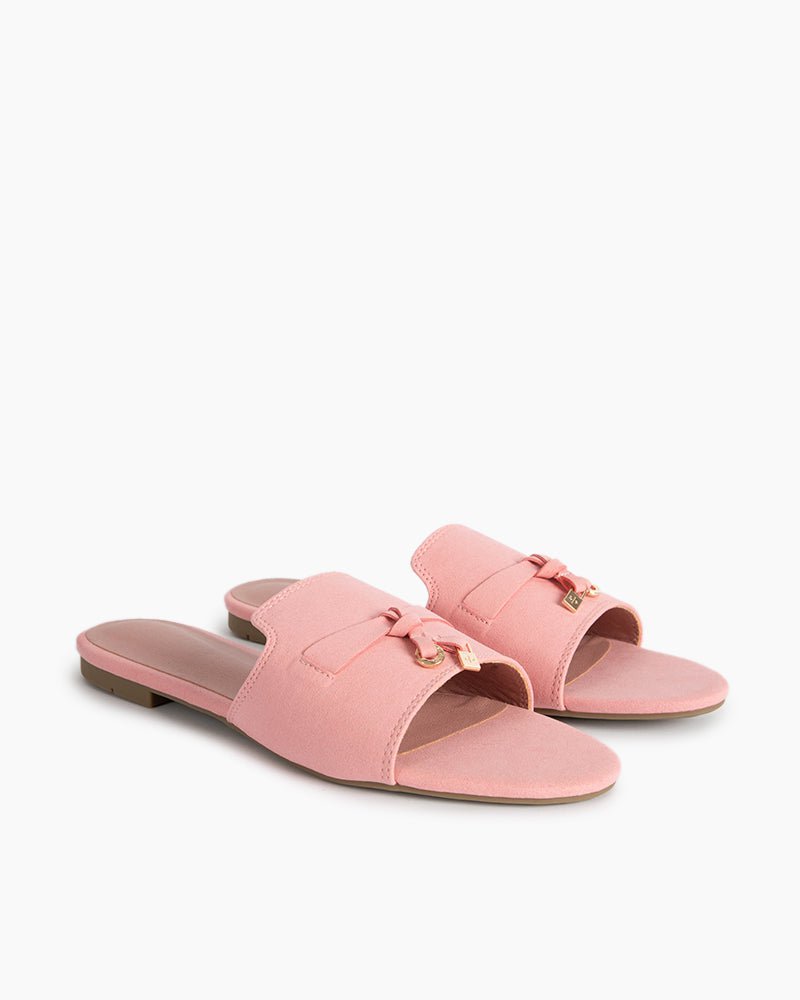 Suede Gold Charm Open Toe Slide Sandals - Image 2