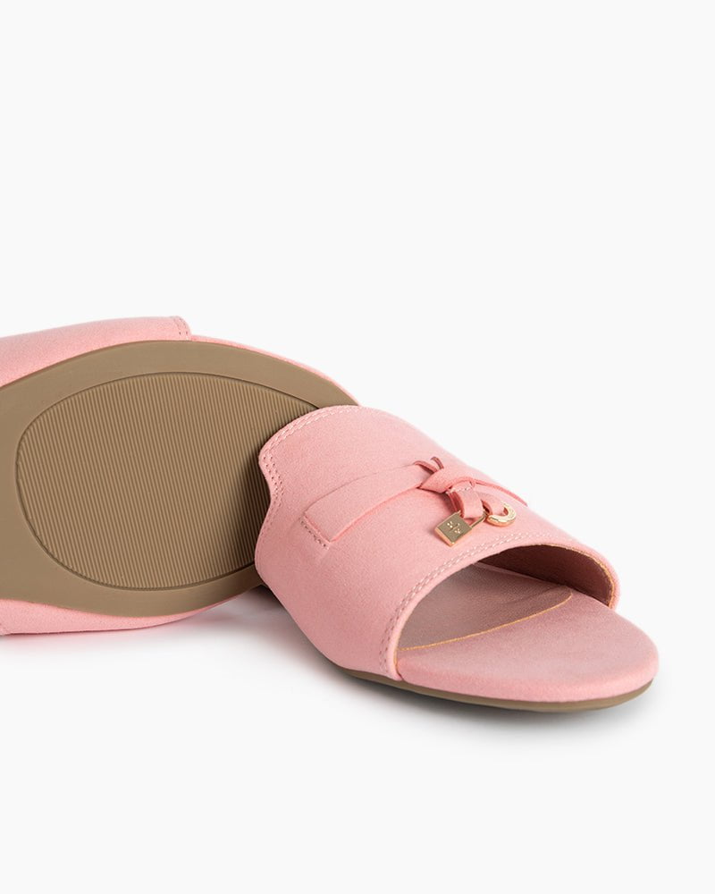 Suede Gold Charm Open Toe Slide Sandals - Image 4