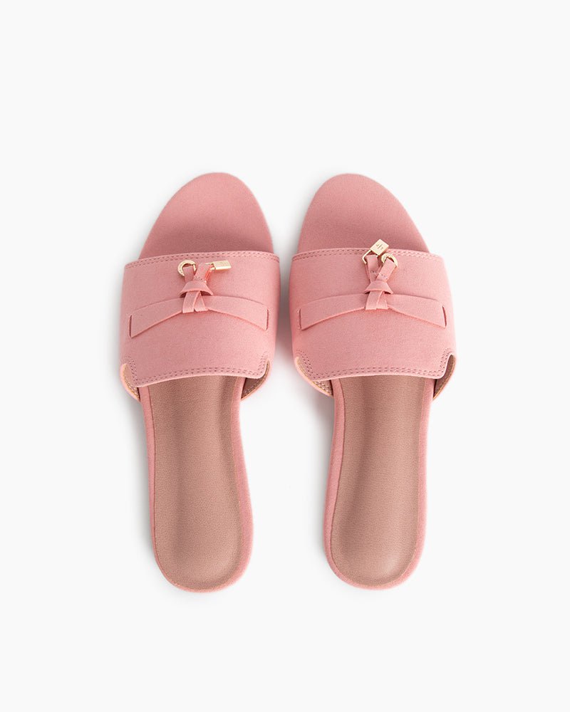 Suede Gold Charm Open Toe Slide Sandals - Image 5