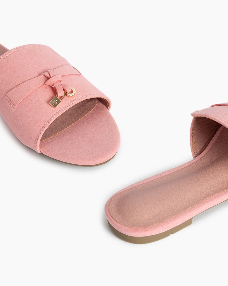 Suede Gold Charm Open Toe Slide Sandals - Image 6