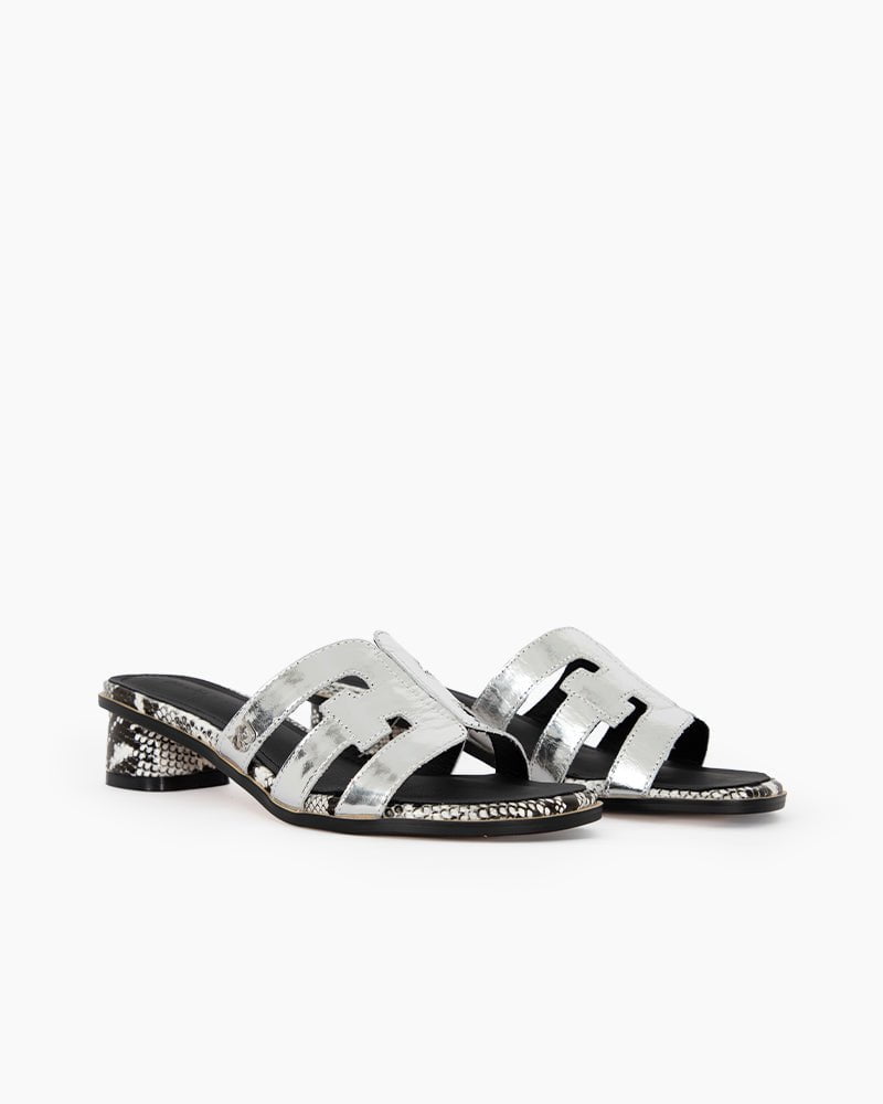 Cutout Strap Leather Mid Block Heel Slide Sandals - Image 4