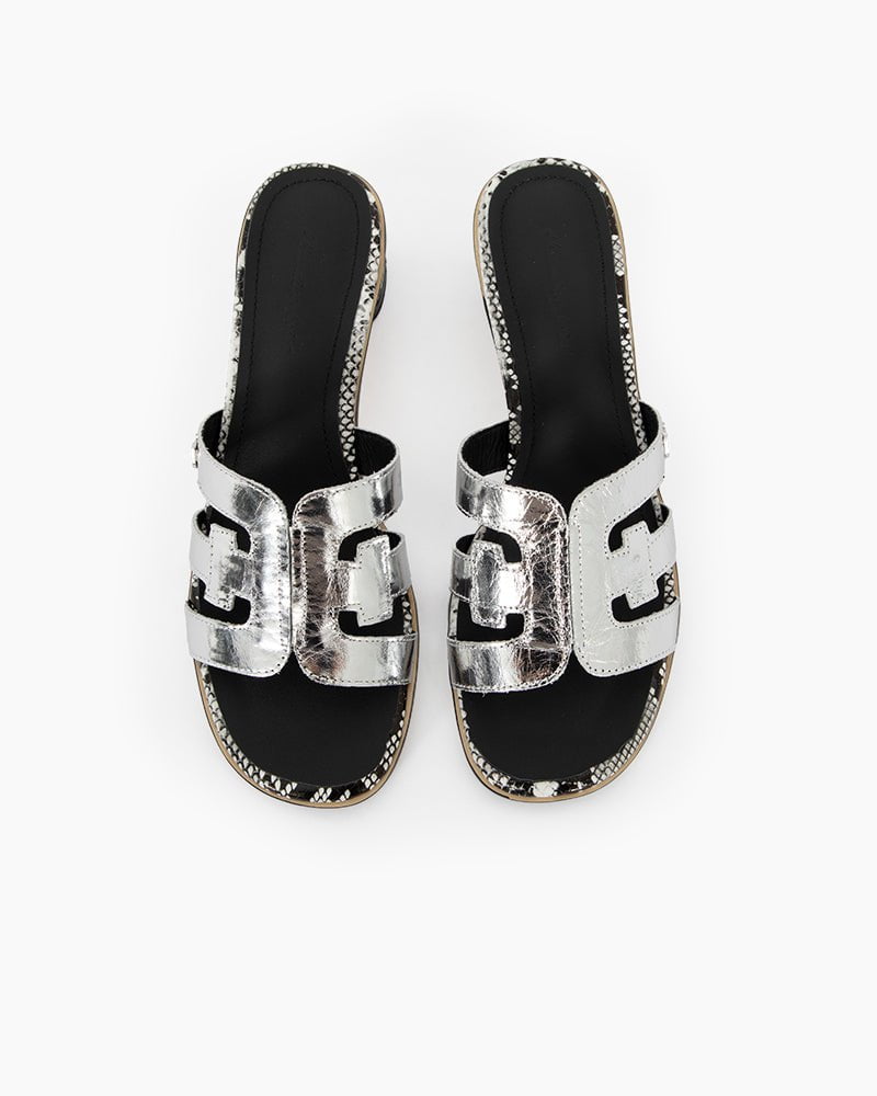 Cutout Strap Leather Mid Block Heel Slide Sandals - Image 3