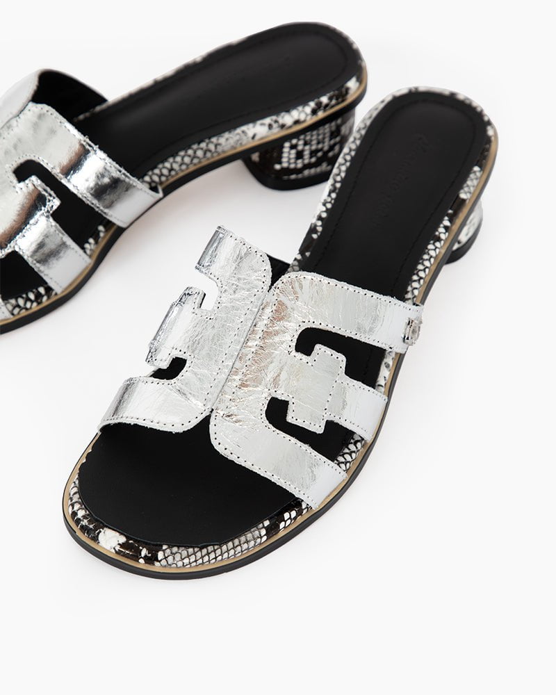 Cutout Strap Leather Mid Block Heel Slide Sandals - Image 2