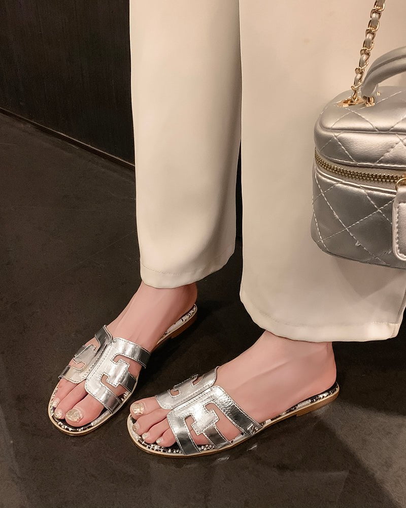 Cutout Strap Leather Flat Slip-On Slide Sandals - Image 11