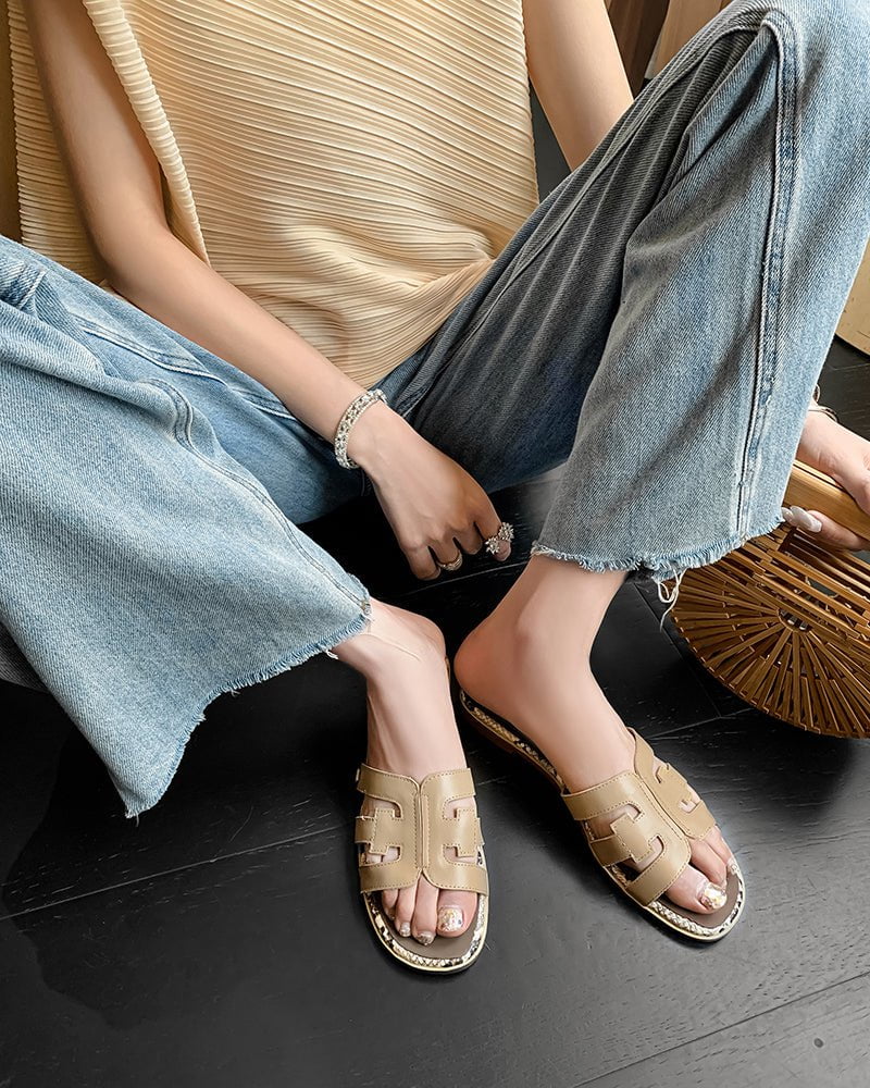 Cutout Strap Leather Flat Slip-On Slide Sandals - Image 16