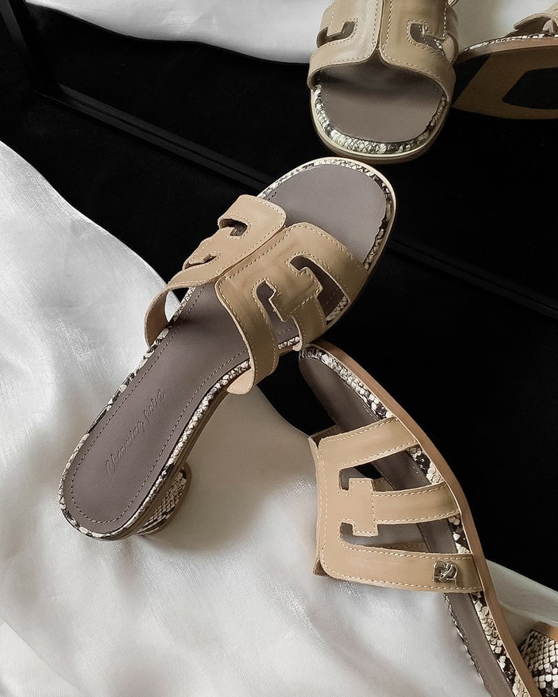 Cutout Strap Leather Mid Block Heel Slide Sandals - Image 18