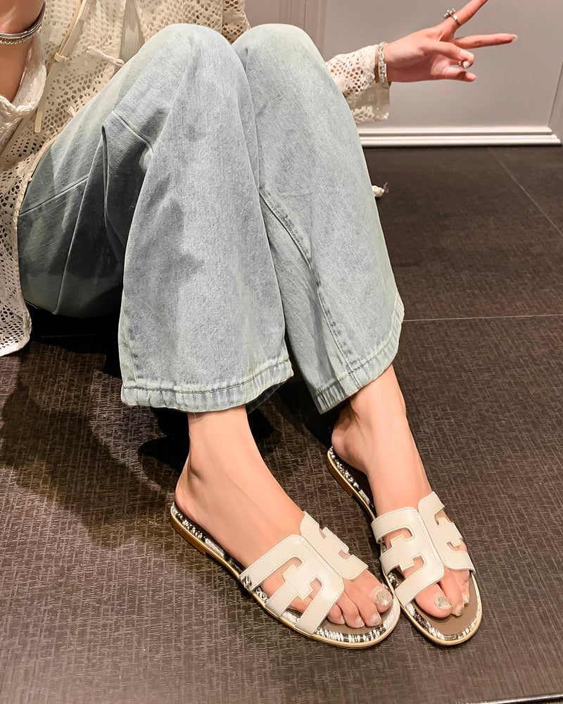 Cutout Strap Leather Flat Slip-On Slide Sandals - Image 4