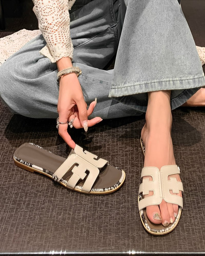Cutout Strap Leather Flat Slip-On Slide Sandals - Image 5