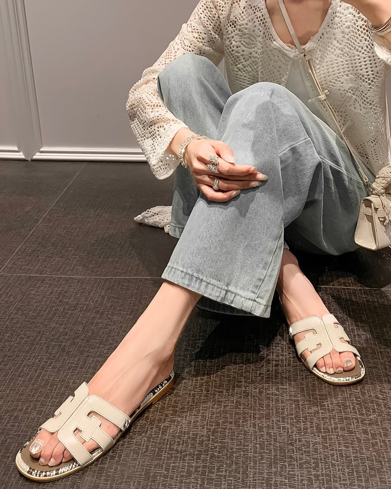 Cutout Strap Leather Flat Slip-On Slide Sandals - Image 6