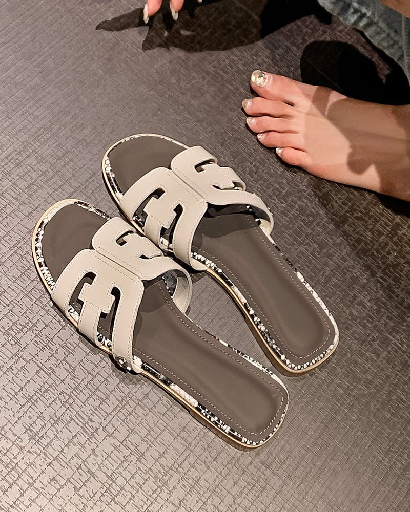 Cutout Strap Leather Flat Slip-On Slide Sandals - Image 2