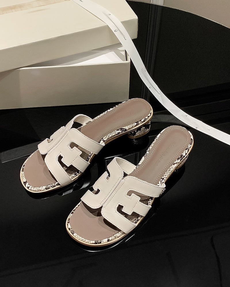 Cutout Strap Leather Mid Block Heel Slide Sandals - Image 12