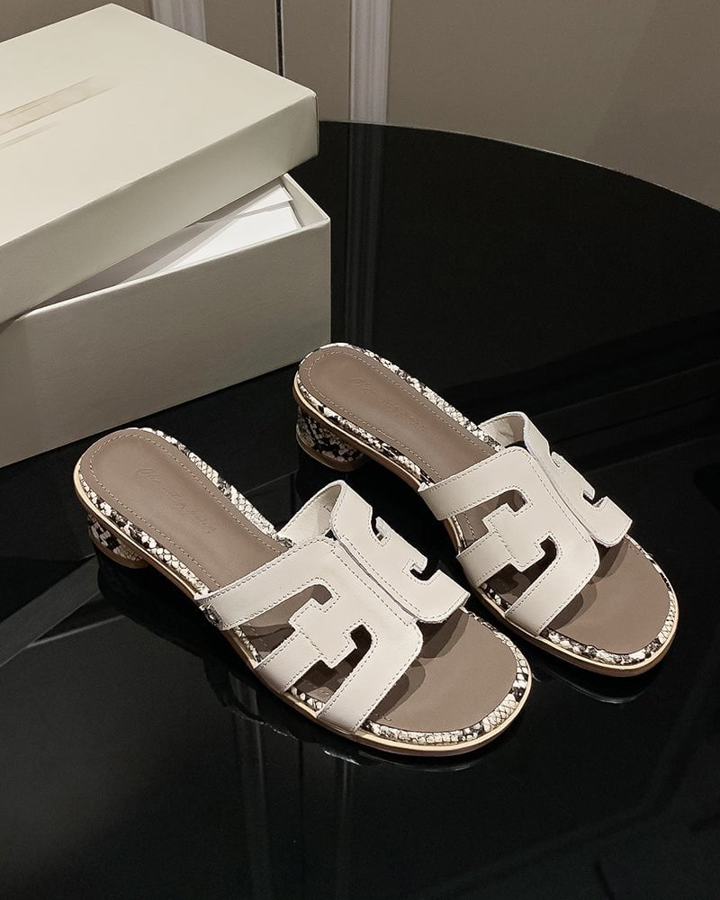 Cutout Strap Leather Mid Block Heel Slide Sandals - Image 10