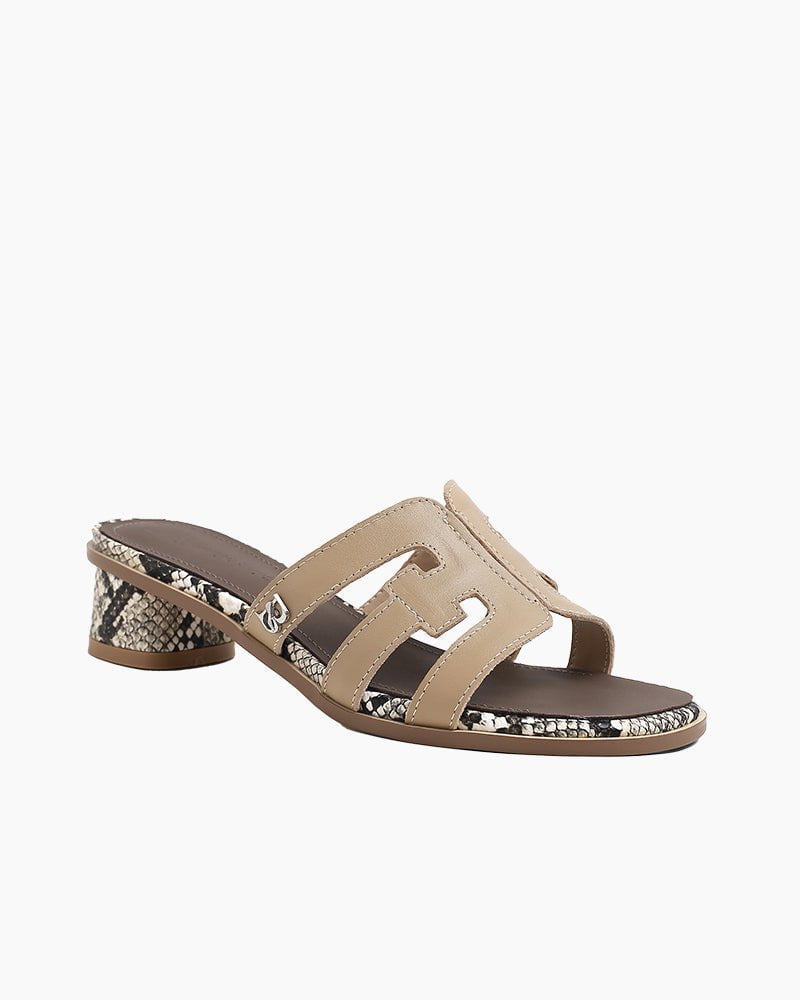 Cutout Strap Leather Mid Block Heel Slide Sandals - Image 16