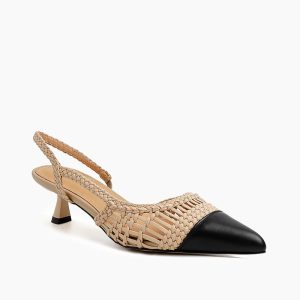 Woven Rattan Mesh Design Slingback Kitten Heel Sandals