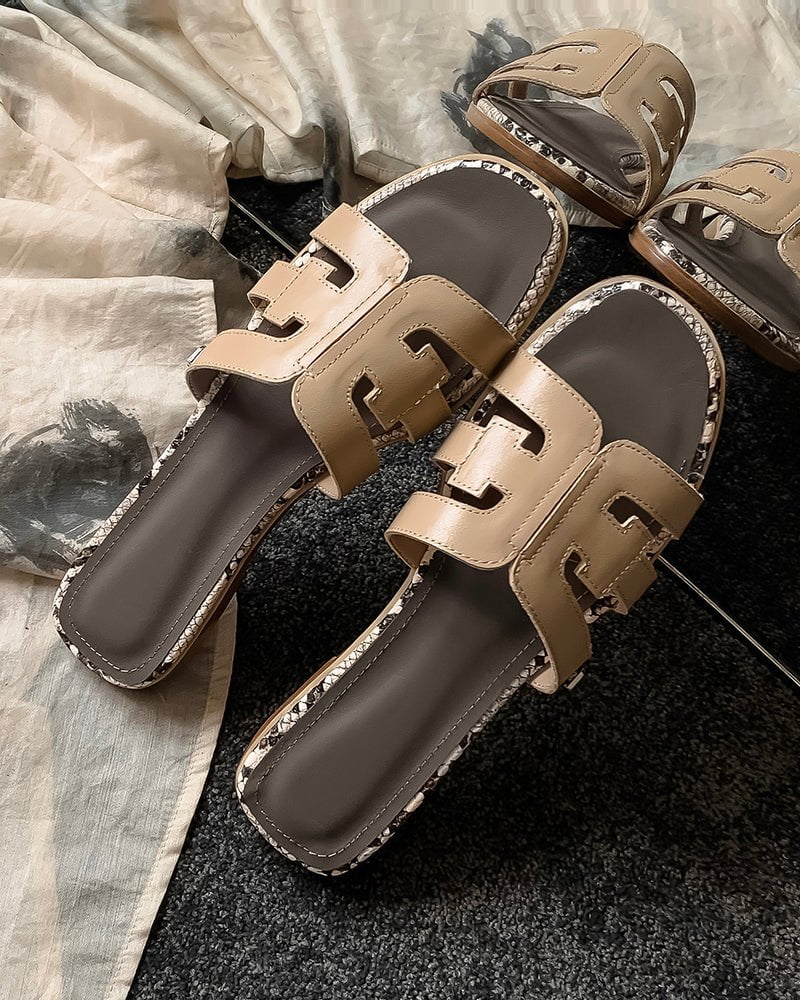 Cutout Strap Leather Flat Slip-On Slide Sandals - Image 15