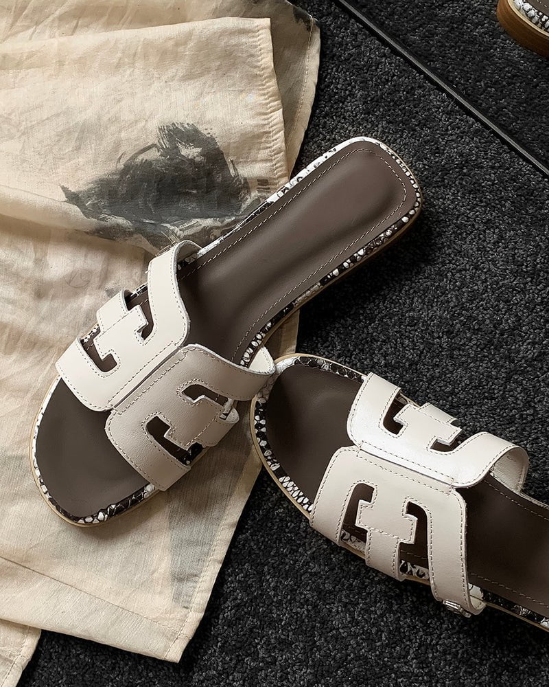 Cutout Strap Leather Flat Slip-On Slide Sandals - Image 3