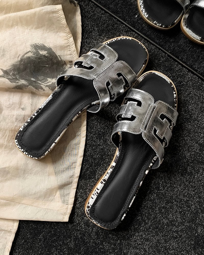 Cutout Strap Leather Flat Slip-On Slide Sandals - Image 9