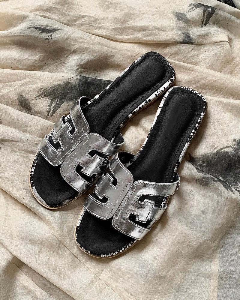 Cutout Strap Leather Flat Slip-On Slide Sandals - Image 10