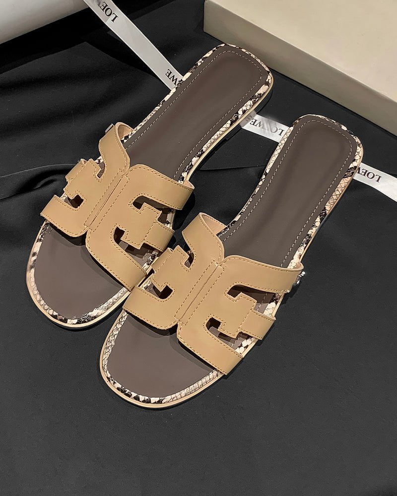 Cutout Strap Leather Flat Slip-On Slide Sandals - Image 14