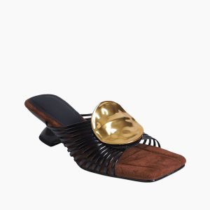 Gilded Emblem Metallic Strap Slides Mules