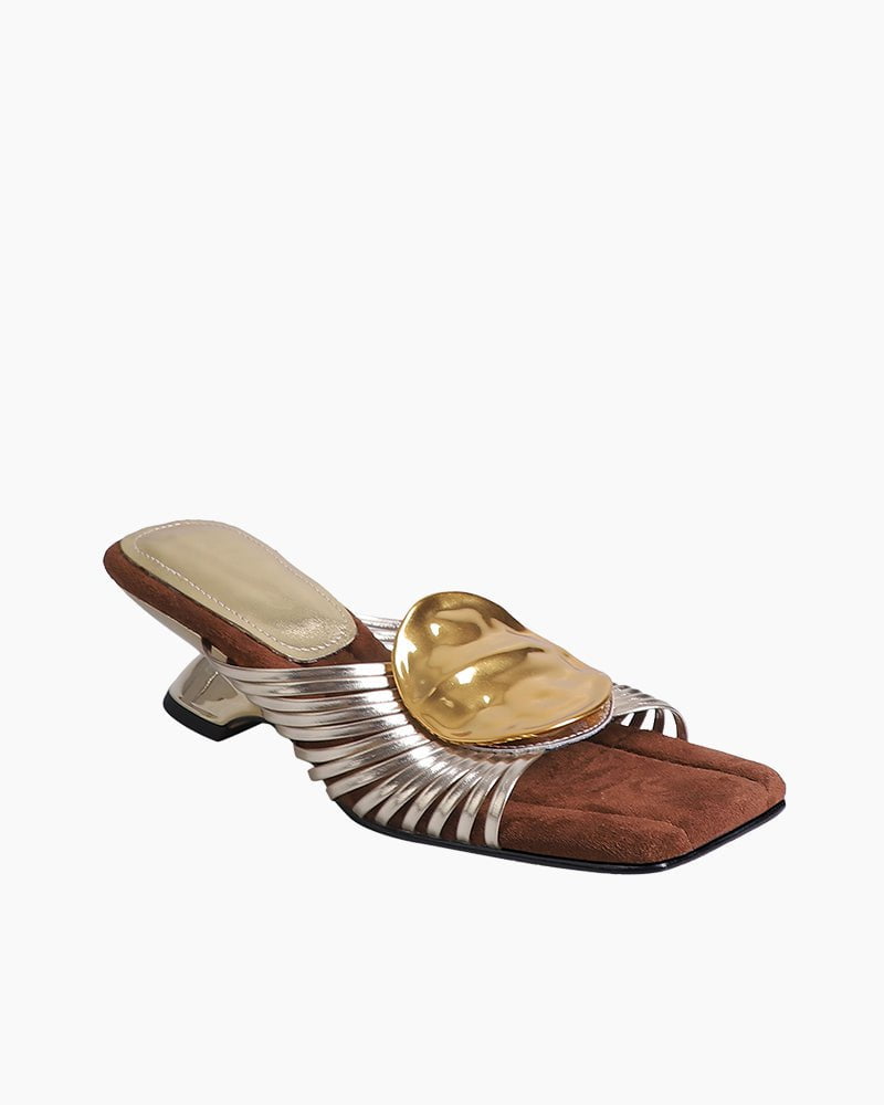 Gilded Emblem Metallic Strap Slides Mules - Image 13