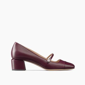 Office Chic Merlot Leather Pearl Strap Block Heels