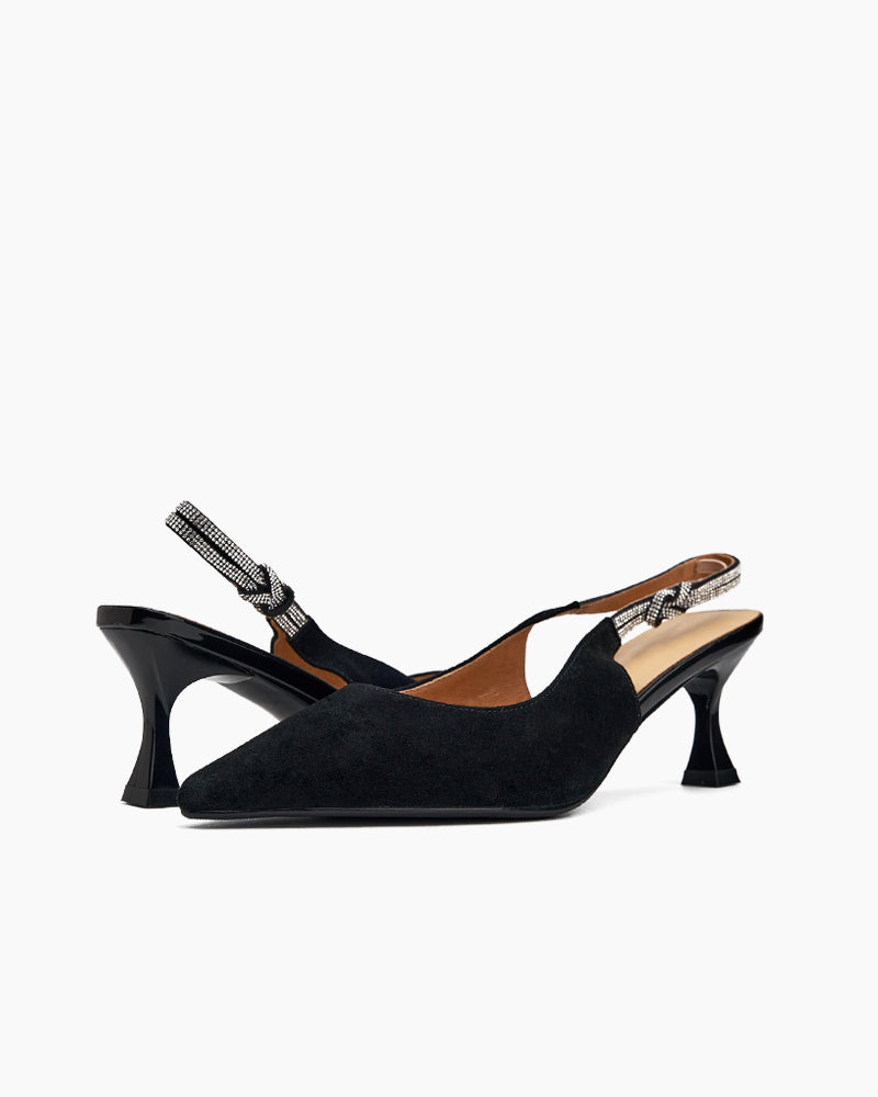 Suede Rhinestone Decor Kitten Heeled Sandals - Image 16