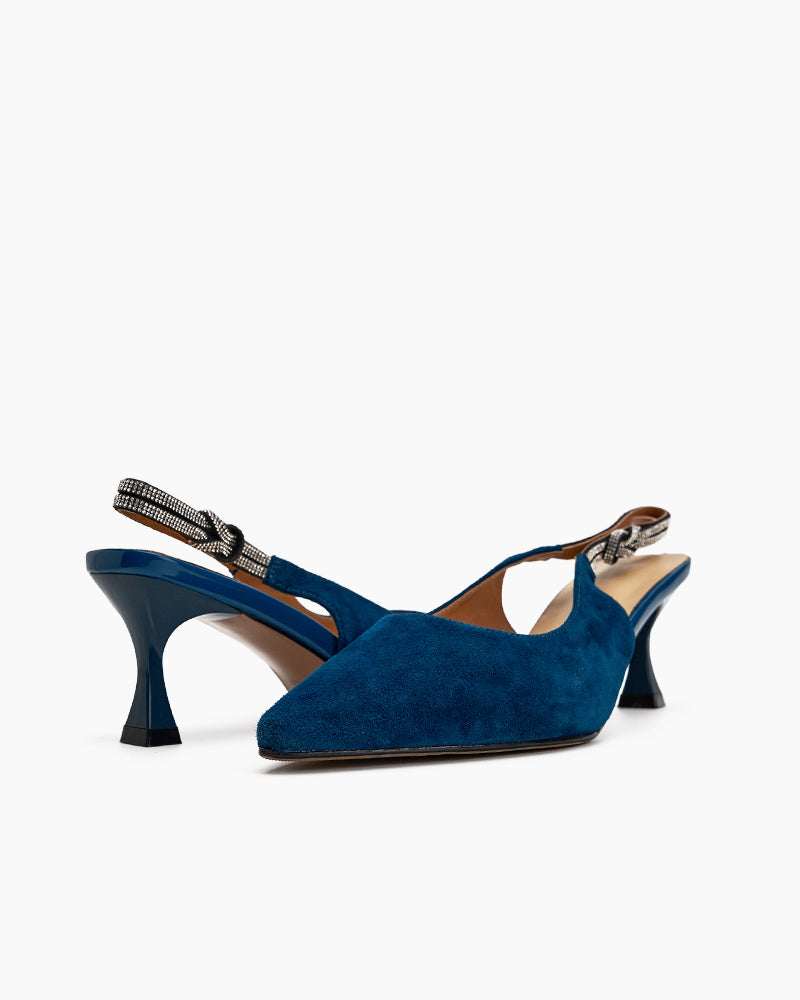 Suede Rhinestone Decor Kitten Heeled Sandals - Image 5