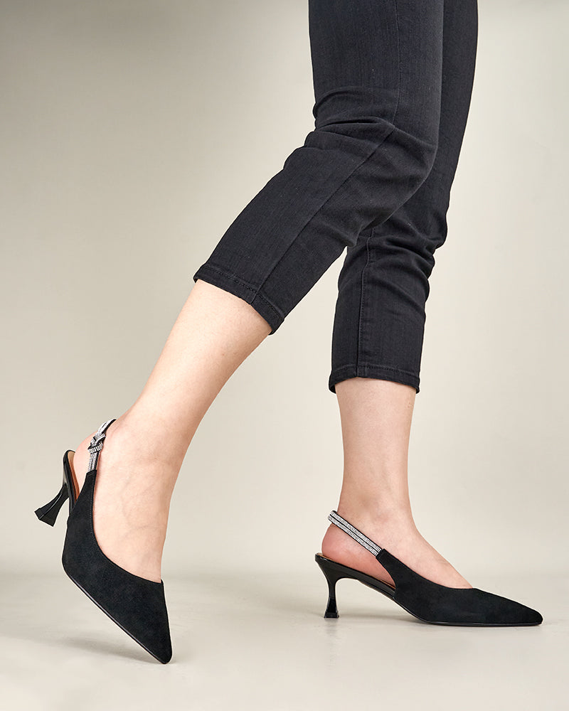 Suede Rhinestone Decor Kitten Heeled Sandals - Image 23