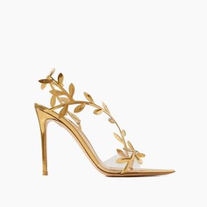 Gold Leaf Stiletto Heels Transparent Straps Sandals