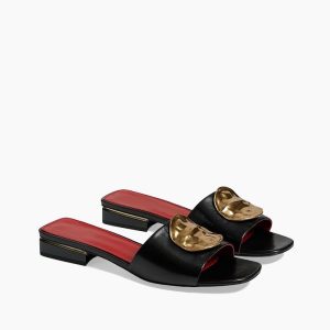 Gold Leaf Accent Black Flat Slide Sandals