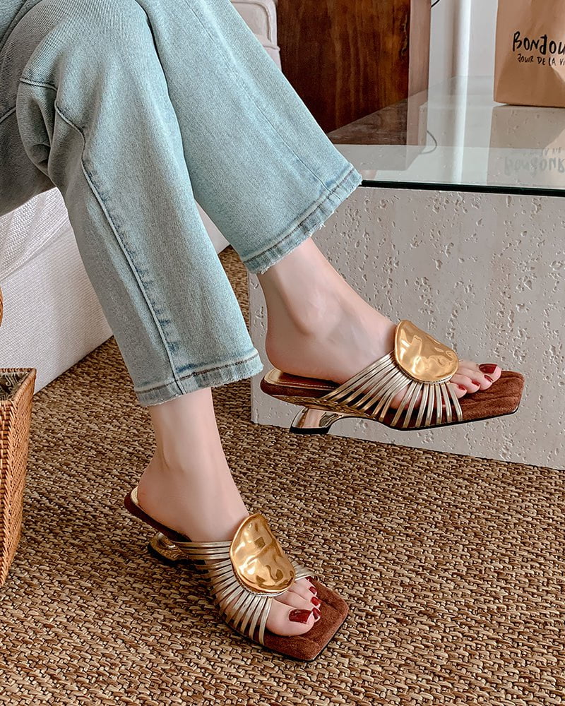 Gilded Emblem Metallic Strap Slides Mules - Image 11