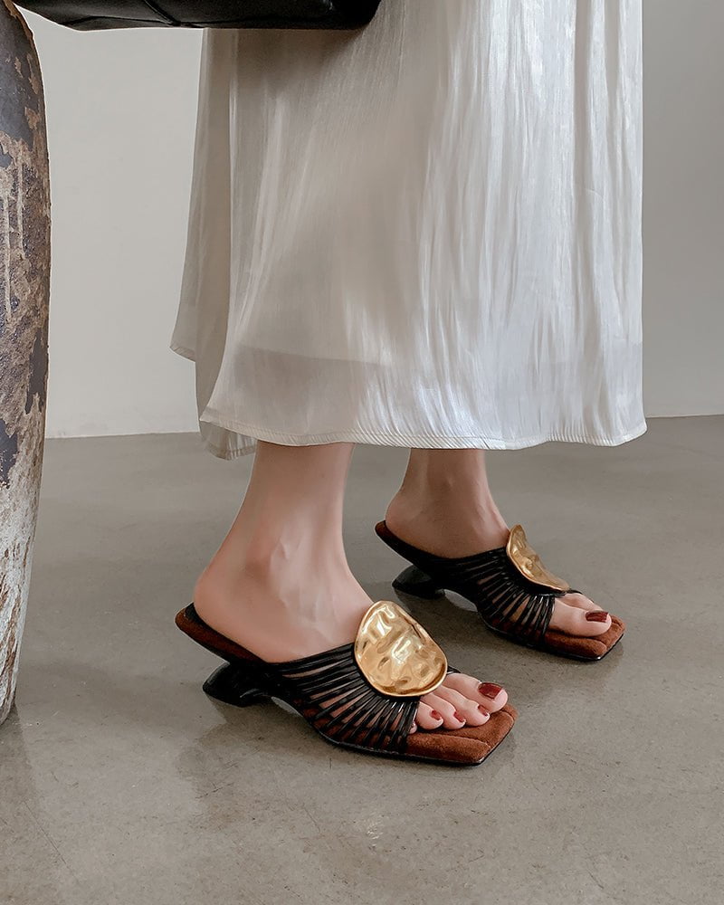 Gilded Emblem Metallic Strap Slides Mules - Image 5