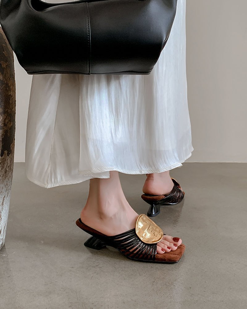 Gilded Emblem Metallic Strap Slides Mules - Image 4