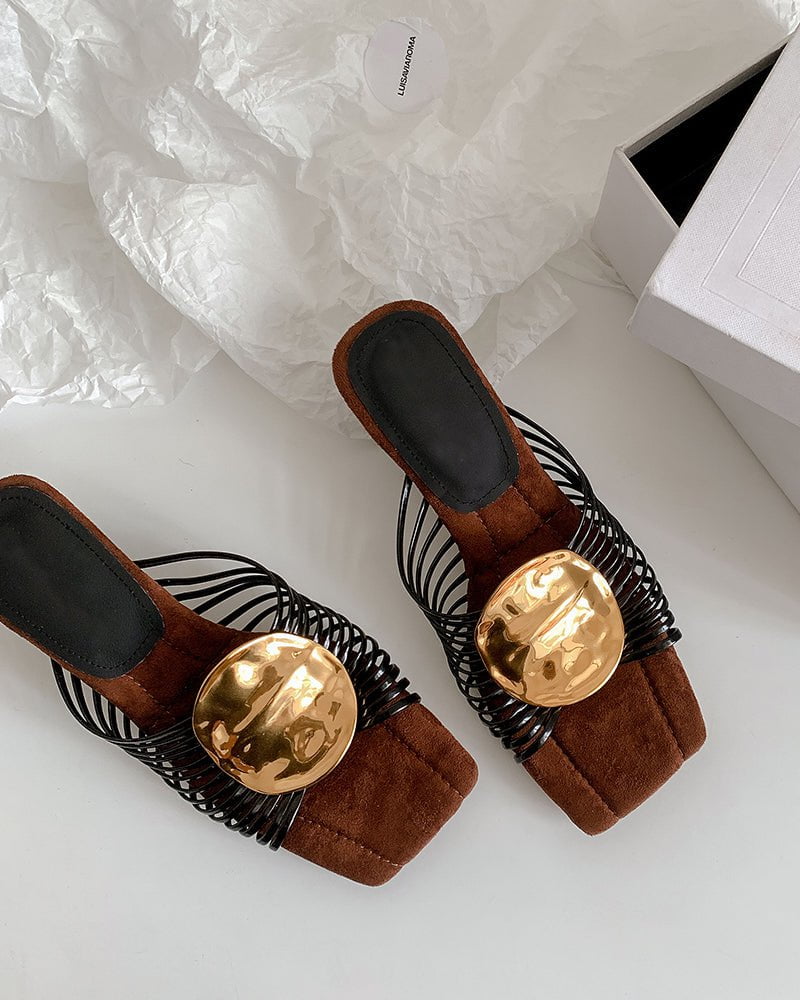 Gilded Emblem Metallic Strap Slides Mules - Image 2