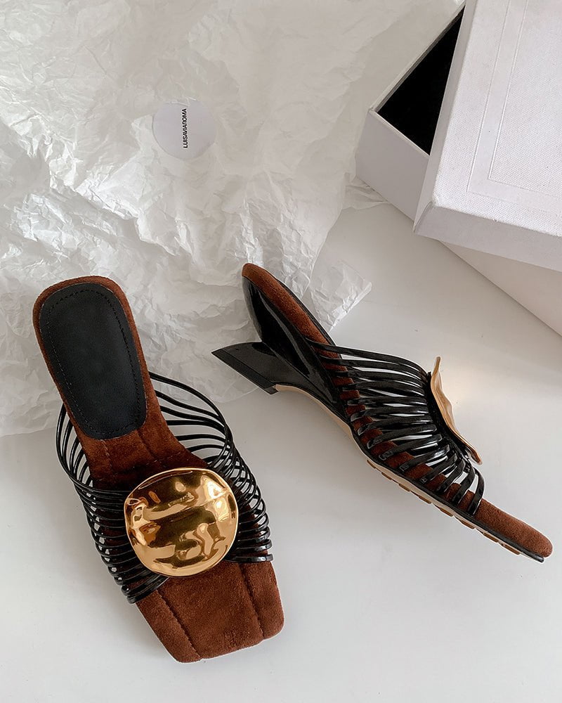 Gilded Emblem Metallic Strap Slides Mules - Image 3