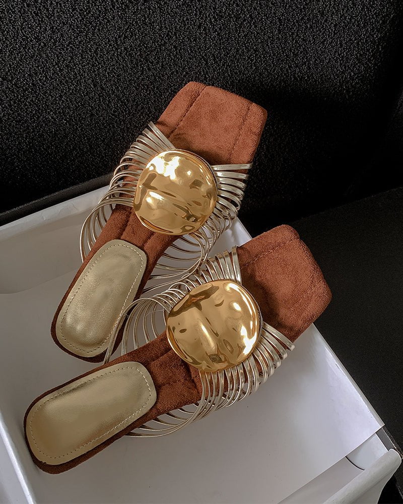 Gilded Emblem Metallic Strap Slides Mules - Image 7
