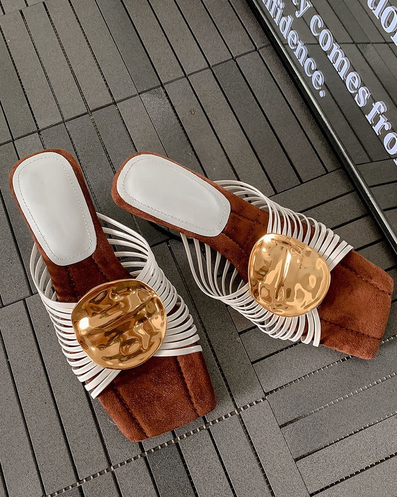 Gilded Emblem Metallic Strap Slides Mules - Image 10